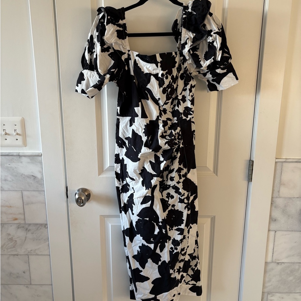 Christopher John Rogers Black and White Floral Midi Dress